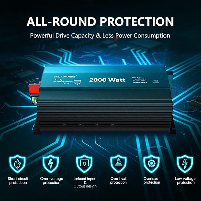 2000 Watt Pure Sine Wave Inverter 12V DC to 110V 120V AC 2000W Power Inverter with UL Fuses and 20A AC Hardwire Terminal Compatible with Lithium Battery for Home RV Truck Off-Grid Solar by VOLTWORKS