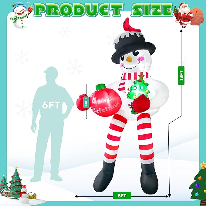 13FT Christmas Inflatable Outdoor Decoration, Climbing Snowman Christmas Blow up Yard Decorations with LED Lights and Cardinal, Giant Snowman Inflatable Outdoor Decoration for Garden Roof