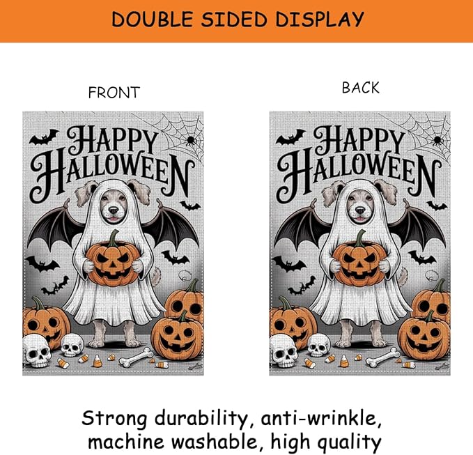 HTBIG Happy Halloween Garden Flag, Halloween Ghost Golden Retriever Dog Decor Flag, Yard Flags for Outside 12x18 inch, Outside Yard for Home Decorations