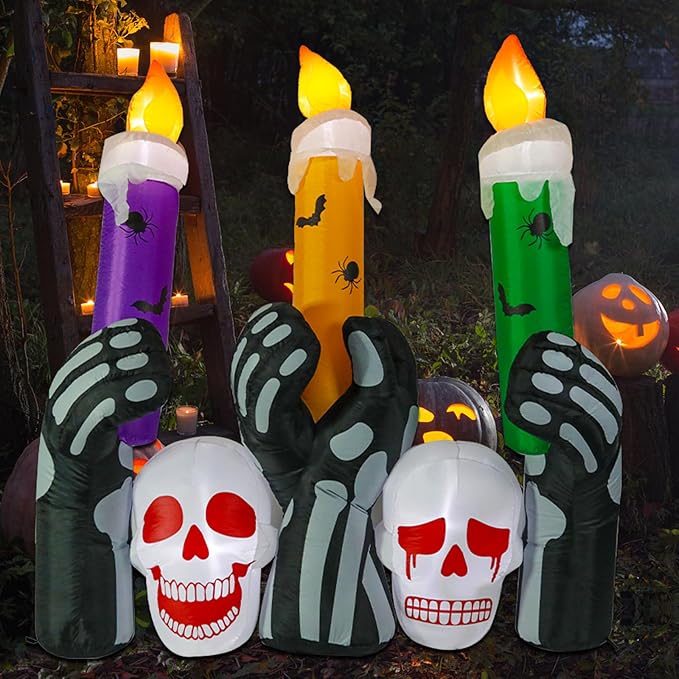 Halloween Inflatable Decoration Skull Candles 6 FT Halloween Inflatables Outdoor Blow up Outdoor Halloween Inflatables Decorations with LED Light Built-in for Holiday Party Yard Decor