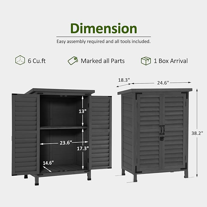 MCombo Outdoor Storage Cabinet, Small Storage Shed with Removable Shelf, Wood Garden Shed with 2 Doors for Yard Patio Lawn (24.6 x 18.3 x 38.2 inch) 0985 (Grey)