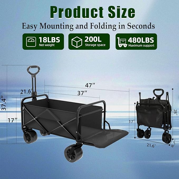 Collapsible Wagon Cart Foldable with Tailgate, 47" L 480lbs Capacity, Heavy Duty Beach Wagon with Wheels Brake, Shopping Carts for Grocery, Camping, Beach, Garden Cart