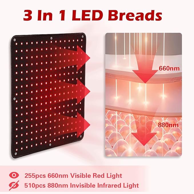 Red Light Therapy for Body Infrared Light Therapy Pad with Timer & 10ft Cable & Cigarette Lighter Plug, 650nm 850nm 255 LEDs for Body Back Buttock Lumbar Shoulder Knee Pain Relief