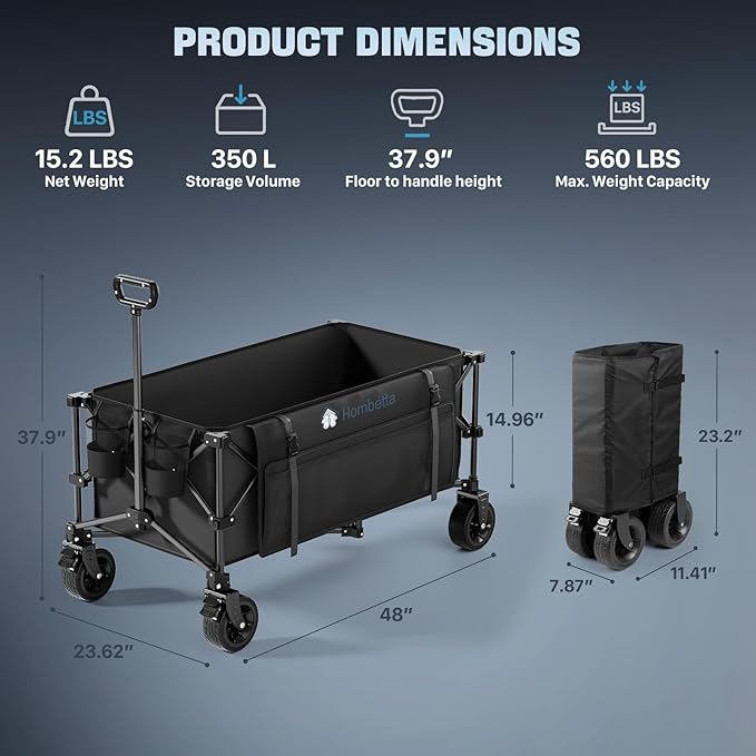 48″ Extra-Large Folding Wagon Cart, 560LBS Capacity, 350L Heavy Duty Utility Cart with Brakes, All-Terrain Wheels, 600D Oxford Fabric, Foldable Design for Camping, Beach, Travel, Festival