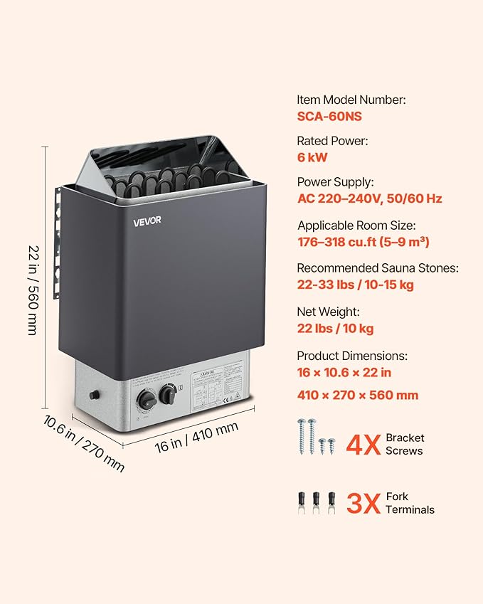 VEVOR Sauna Heater,220V Electric Sauna Stove, Steam Bath Sauna Heate 3h Timer and Adjustable Temp for Max. 176-318 Cubic Feet, Home Hotel Spa Shower Use (6KW) FCC Certification