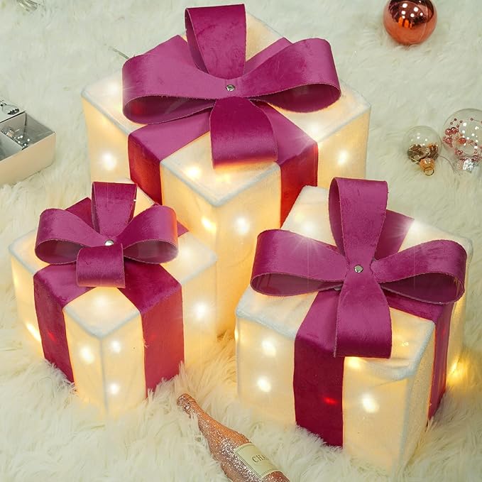 Set of 3 Lighted Gift Boxes, Plug-in 60 LED Light Up Pink Present Boxes for Christmas Decorations Indoor Home Wedding Holiday Birthday Party Porch (Pink Bow)