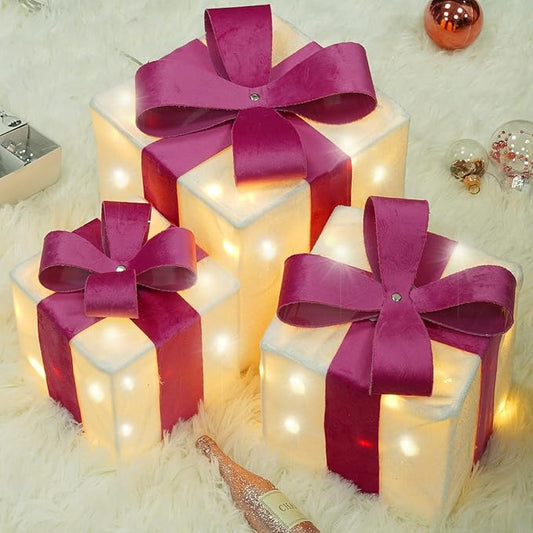 Set of 3 Lighted Gift Boxes, Plug-in 60 LED Light Up Pink Present Boxes for Christmas Decorations Indoor Home Wedding Holiday Birthday Party Porch (Pink Bow)