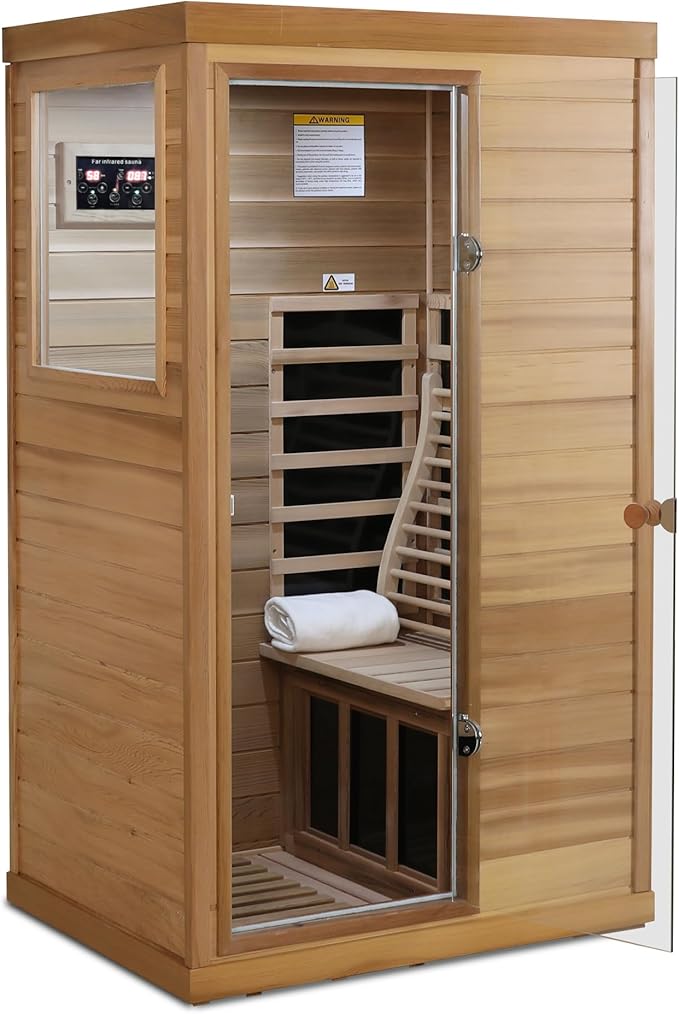 Infrared Sauna Single Person Mini Red Cedar Far Infrared Home Sauna Box with The Left Glass Door, LCD Display, BT Speaker, LED Reading Light, Natural Wood + Caramel