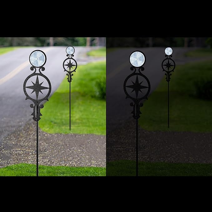 Touch of Class Pathways Reflective Driveway Marker Stake Set of Two for Outdoor Use | Compass Star Emblem Design | Personalized Tall Reflector Set of 2 | Black Durable Finish