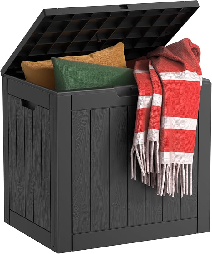 EasyUp 30 Gallon Resin Deck Box Waterproof, UV Resistant Outdoor Storage Box for Delivery, Patio, Garden,and Porch,Striped Black