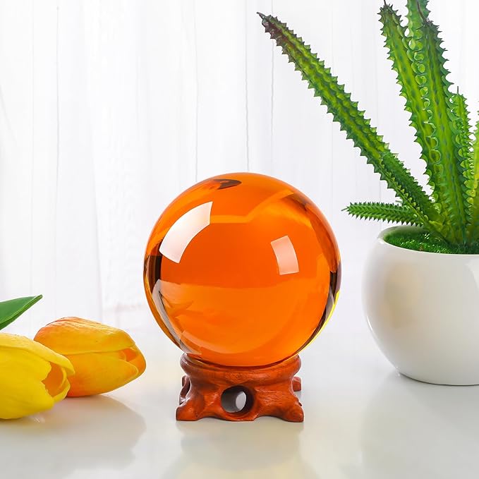 Amber Crystal Ball with Stand 100mm/3.9 inch for Fortune Teller Accessories,Decorative Ball,Magic,lensball Photography,Feng Shui,Witchcraft Decor,Scrying,Large Quartz Crystal Orb Prop Glass Sphere