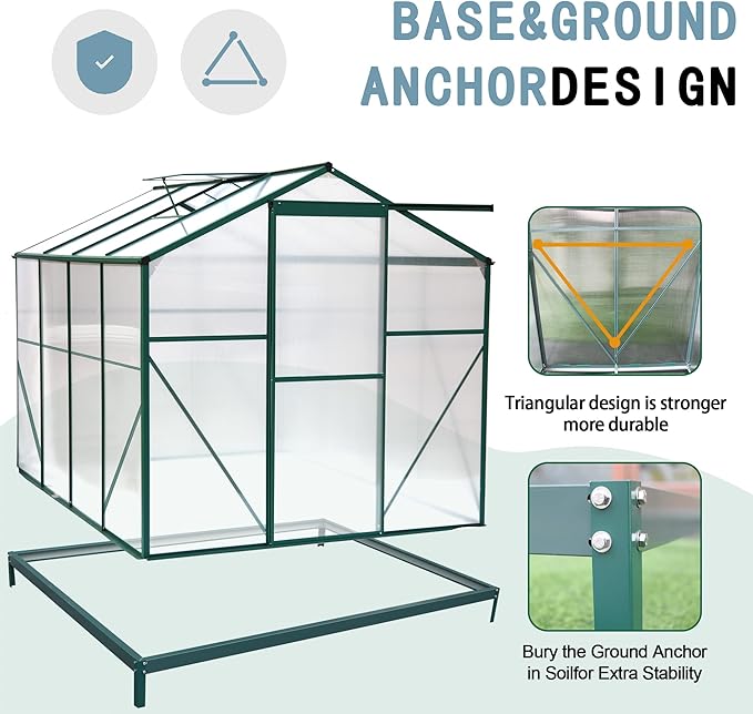 6x8 FT Greenhouses for Outdoor,Heavy Duty Polycarbonate Greenhouse, Walk-in Garden Green House with Base and Ventilation Window for Outside, Backyard,Green