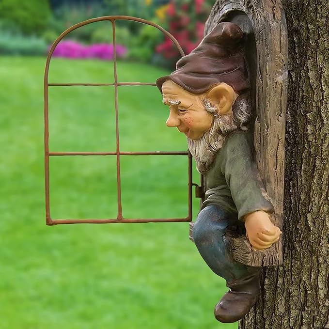 Gnome Statue Tree Face Outside Yard Art Outdoor Statue, 12 Inch Elf Out of The Window Tree Decor and Yard Decorations, Whimsical Gnomes Garden Sculptures & Statues, Fairy Tree Peeker Ornaments