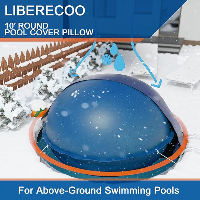 LIBERECOO 10FT Round Pool Cover Pillows for Above-Ground Swimming Pools, 0.4mm Extra Durable Long-Lasting Inflatable Winter Pool Pillows,Ropes Included