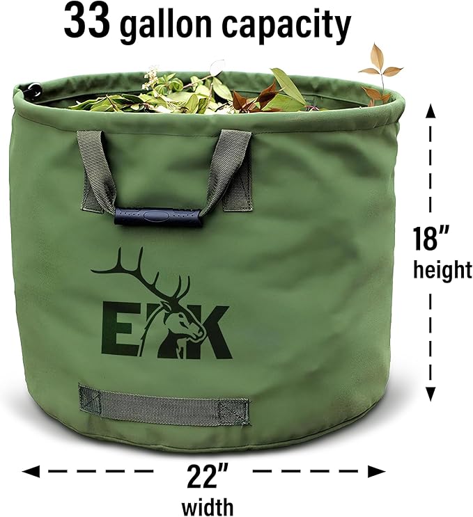 ELK 33-Gallon Non Self-Standing Multipurpose Garden Leaf Waste Bag - Durable Canvas for Yard Cleaning, Harvesting, and Storage - Heavy Duty with Rubber Handles and PVC Elastic Bone - 22" W x 18" H