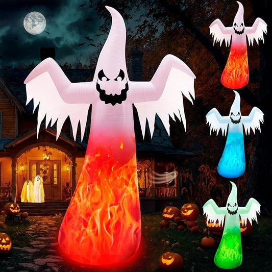 12FT Giant Halloween Inflatables Ghost Built-in 3-Color Changing Rotating Flame LEDs, Huge Halloween Decorations Outdoor Spooky Blow Up Yard Decoration Large Scary Blowups for Festival Lawn(1PCS)