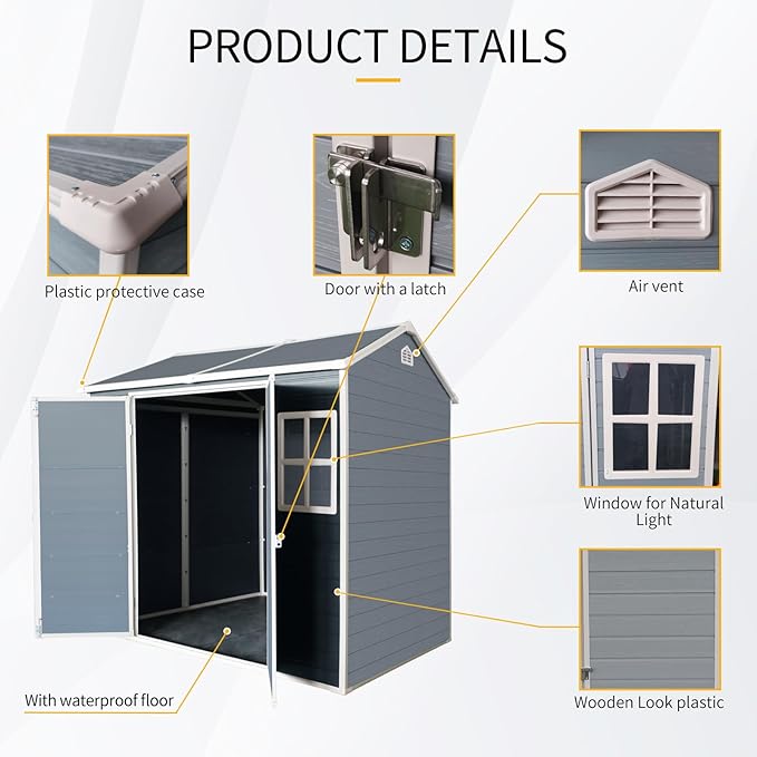 8x4 FT Outdoor Storage Shed,Garden Shed with Floor & 2 Windows,All Weather Waterproof Tool House W/Air Vent,Sloped Roof & Lockable Double Door,for Patio,Yard,Lawn,Grey