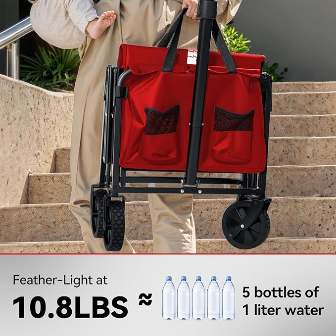 Collapsible Foldable Wagon, Foldig Cart with Wheel Heavy Duty with 180lbs Weight Capacity Lightweight Utility Camping Wagon for Groceries Garden Beach Sports Fishing (Coral Red)