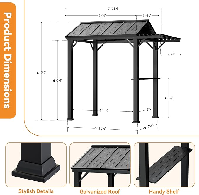 Grill Gazebo 6' x 8' with Galvanized Steel Roof and Pergola Extension, BBQ Gazebo with UV Blocking & Waterproof Design, Grill Canopy with Shelves, Rust-Resistant, 4-Season Use