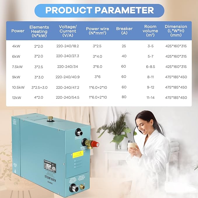 Kooby 9KW Luxury Self-draining Steam Generator Shower Sauna Bath Home Steam Bath Spa Generator with Waterproof Control and Auto Drain 95-131℉ for Max Space Heating 9 m³ (320 ft3)