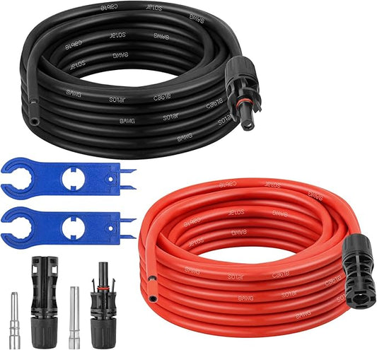 XRDS -RF Solar Extension Cable 8AWG, 10FT Red & Black Solar Panel Wire with Solar Connectors, PV Wire with Disconnect Wrenches & Extra Male/Female Connectors for RV, Camper, Inverter, Off-Grid System