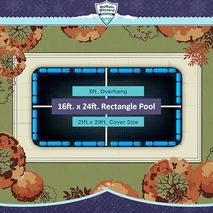 Buffalo Blizzard Deluxe Winter Cover for 16 ft x 24 ft Rectangle Inground or Above Ground Swimming Pools | Blue/Black Reversible | 5-Foot Additional Material