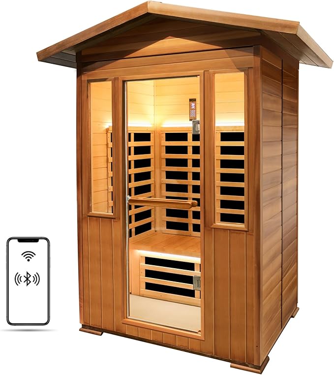 Far Infrared Home Sauna Room,1800W Light Therapy Lamp Dry Saunas for Home,2-3 Person Home Sauna,Red Cedar Corner Sauna Spa with Bluetooth Speaker,for Unwell Men,Women,Elderly