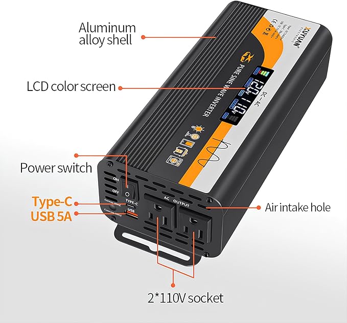 1000W Pure Sine Wave Inverter (2000W Peak), 12V/24V Auto-Detect, 50Hz/60Hz Switchable, LCD Display, Type-C Fast Charging, Silent Design, Overload & Overheat Protection for RV, Home (Black-1000W)