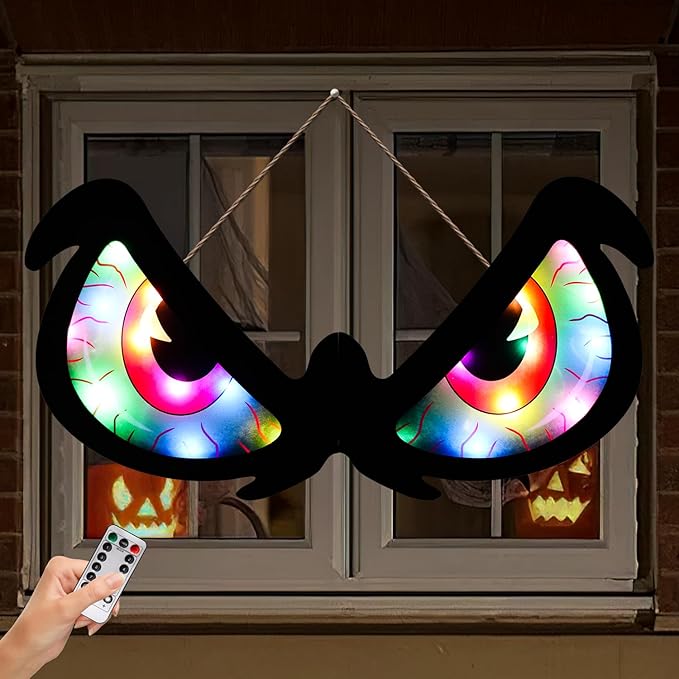 Halloween Decorations Spooky Eyes Lights - 21 Inch Large Wooden Window Eye Lights with 8 Color Modes for Halloween Decor Indoor Home,Wall,Window,Trees (Style - B)