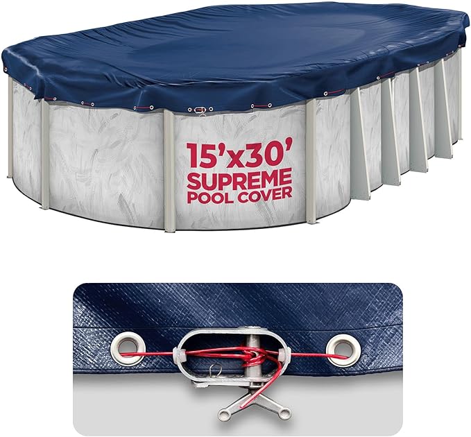 15 x 30 ft Oval Pool Covers for Above Ground Pools, Oval Winter Cover, Keeps Out Debris, Cold and UV Resistant, Supreme Mesh, Navy Blue