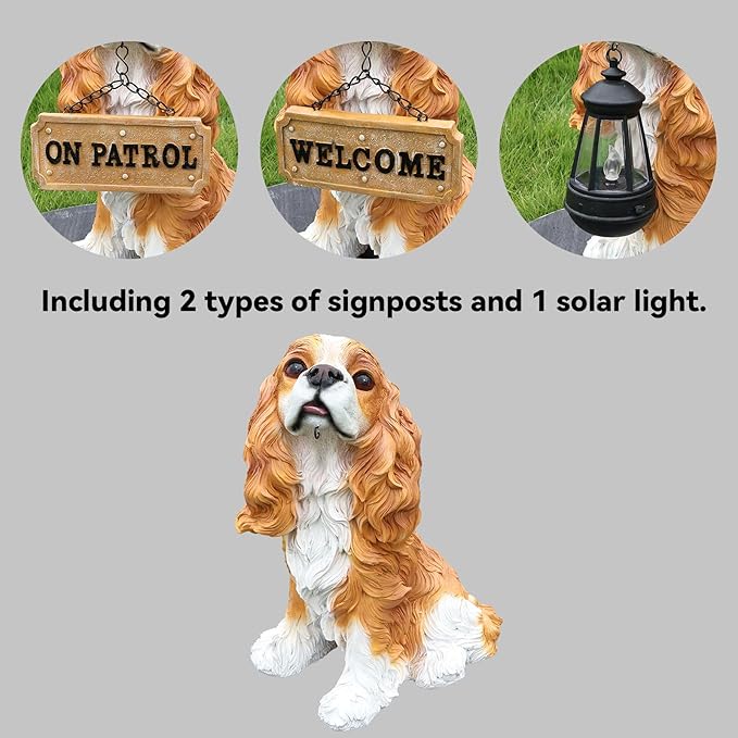 Cavalier King Charles Spaniel Outdoor Dog Statue with Reversible “Welcome/ON Patrol” Hanging Plaque and Solar Porch Lantern, Brown & White Sitting