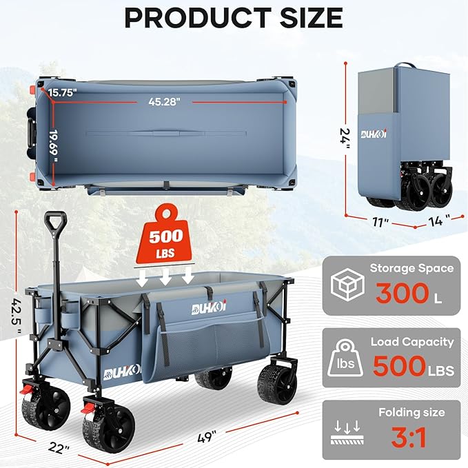 49" L Collapsible Extended Wagon with 500lbs Weight Capacity,300L Heavy Duty Sports Wagon,Big All-Terrian Wheels with Cup Holders,Cart for Sports,Grocery,Shopping(LightBlue)