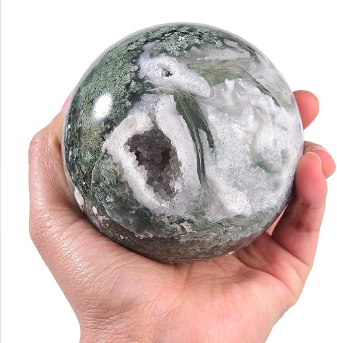 Large Moss Agate Crystal Sphere Natural Healing Crystal Ball with Stand Meditation Decorative Balls Home Decor 80-90mm/3.1-3.5"