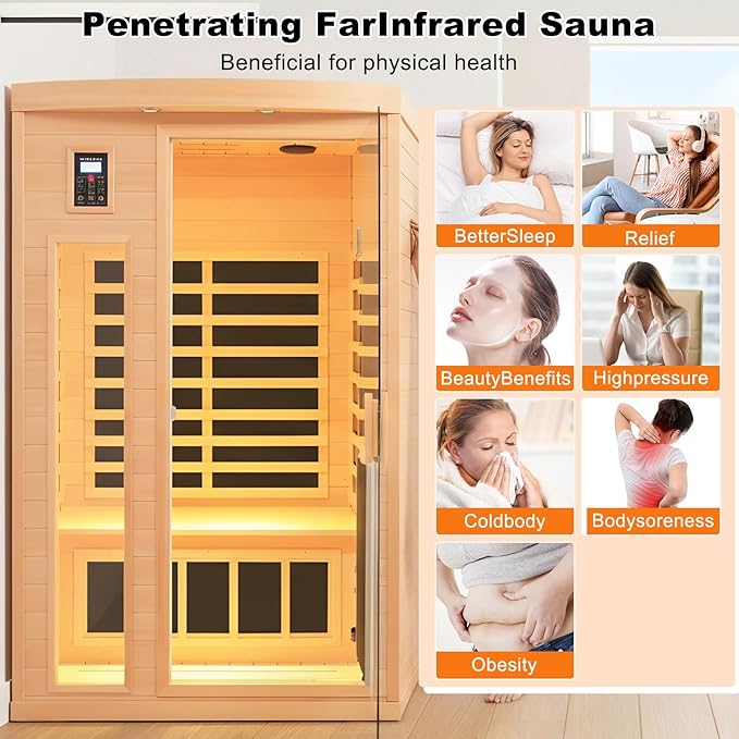 Ceramic Infrared Sauna, 2 Person Infrared Saunas for Home, Hemlock Wood Sauna Room, 2 in 1 Indoor Sauna with Low EMF Heaters 1750W/120V + Ceramic Heating Cubes-Chromotherapy-Bluetooth Speaker