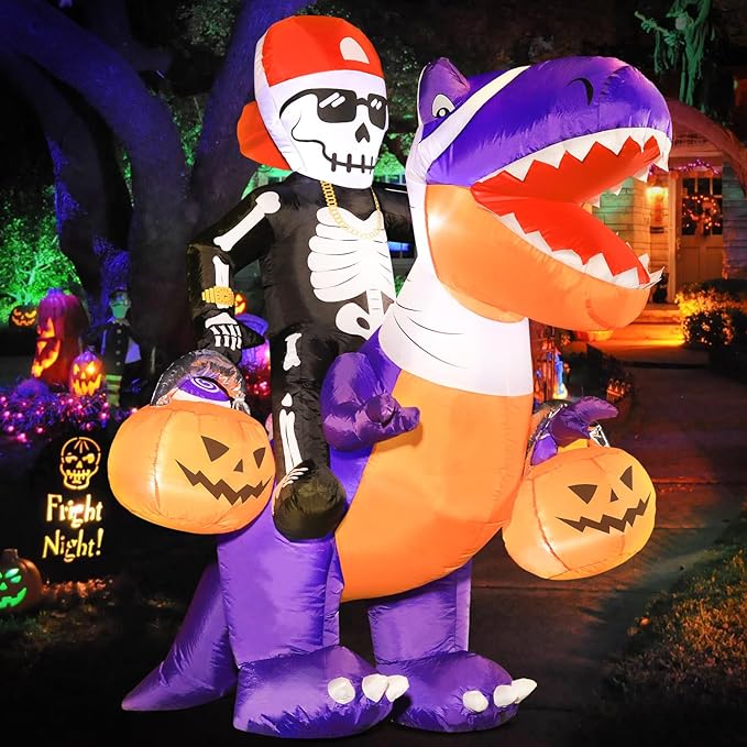 DomKom Halloween Inflatable Blow Up Decorations, 6FT Skeleton Knight Riding Dinosaur, Built-in LEDs for Holiday Party, Garden, Lawn, Yard, Patio Décor