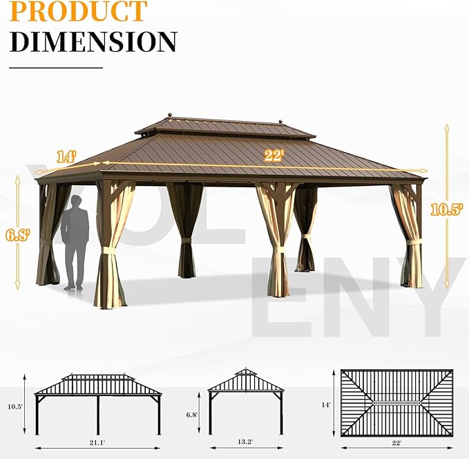 YOLENY 14'x22' Gazebo, Hardtop Gazebo with Galvanized Steel Double Roof, Pergolas Aluminum Frame, Netting and Curtains Included, Metal Outdoor Gazebos for Garden, Lawns