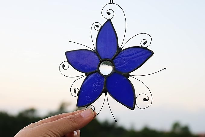Forget-me-not Stained Glass Window Hangings, Forget Me Not Flower Suncatcher for Window,Stained Glass Flowers, Birthday Gifts for Women and Flower Lovers (Blue)