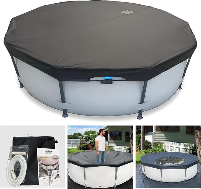 18 Ft Pool Cover, with Automatic Drain Round Pool Cover, One-Piece Quick Installation and Removal Above Ground Pool Cover, Preventing Waterlogging, UV Protected Solar Swimming Pool Cover