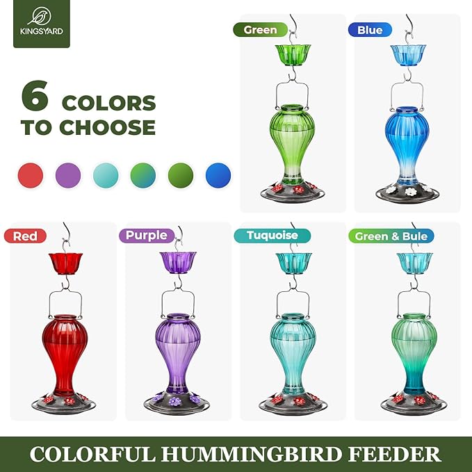 Kingsyard 2 Pack Glass Hummingbird Feeder 24 Ounces, 6 Feeding Ports, Hanging Bird Nectar Feeder for Outdoors Garden Yard Décor, Ant Moat Included, Purple