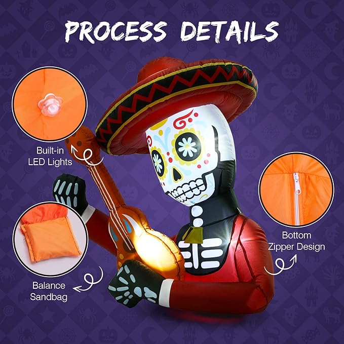 WBHome 4 Ft Halloween Inflatable Outdoor Skull Guitar Decorations, Day of The Dead Blow Up Yard Decor with Built-in LED Light (Plug in) for Lawn Home Dia de Los Muertos Party Indoor Outdoor