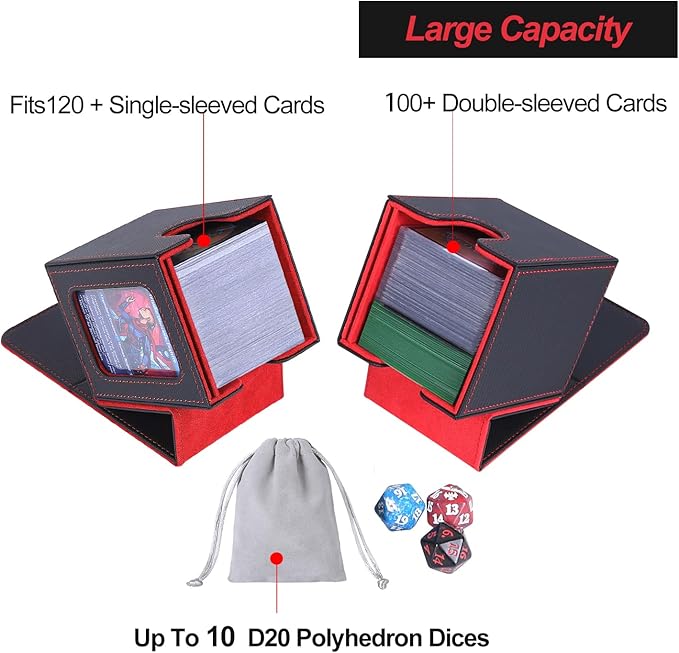AFIING MTG Deck Box for Commander Display,Card Deck Box Fits 100 Double Sleeved Cards, Magic Commander TCG Card Storage Box with 2 Dividers,Drawstring Bag and 1 Toploader(Black/Red)
