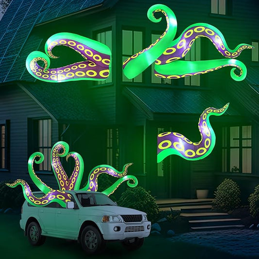 4 Pcs 6 FT Lighted Giant Inflatable Octopus Tentacles for House Trunk or Treat Blow up Halloween Car Decorations with Build in LED Lights for Window Door Roof Prop Outdoor
