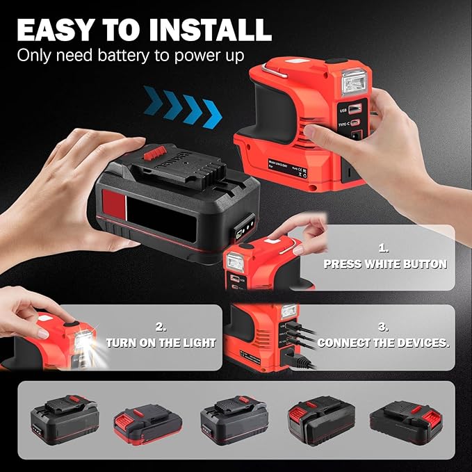 Power Inverter for Bauer 20V Battery,220W Portable Power Supply Inverter DC 20V to AC 120V for Bauer Battery with USB&Type-C&AC Outlet&LED Light