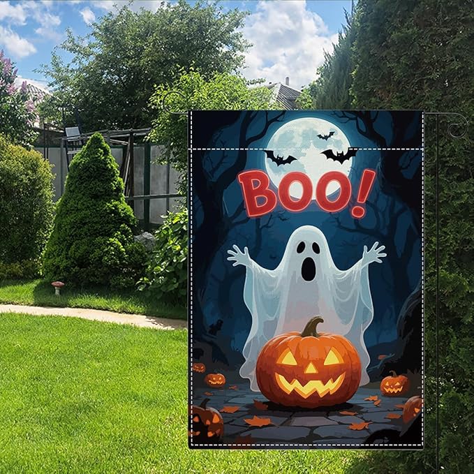 Halloween Boo Garden Flag Scary Ghost Bat Fall Pumpkins Halloween Themed Holiday Party Outside Outdoor Lawn Decorations Yard Flag Double Sided 12x18 Inch