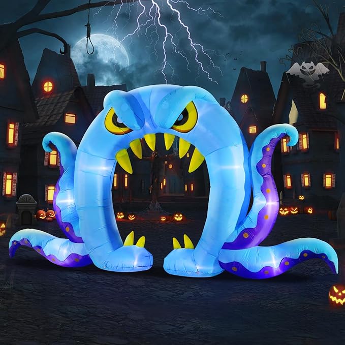 DomKom Halloween Inflatable Blow Up Decorations, 16FT Long 8FT Tall Blue Monster Octopus Archway, Built-in LEDs for Holiday Party, Garden, Lawn, Yard, Patio Décor