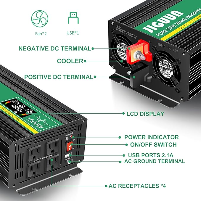 JIGUUN Pure sine Wave Inverter 1500W, 12V to 110V Power Inverter Converter with 4 AC sockets, USB Output and LED Display for RV Camping Emergency Household appliances (PRO1500WLCD)