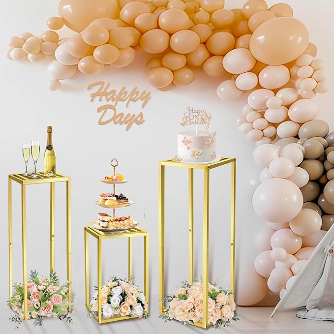 Cylinder Pedestal Stands for Party & Plant,3pcs Square Gold Metal Wedding Flower Display Stand for Centerpieces,15.7/23.6/31.5 inch Tall