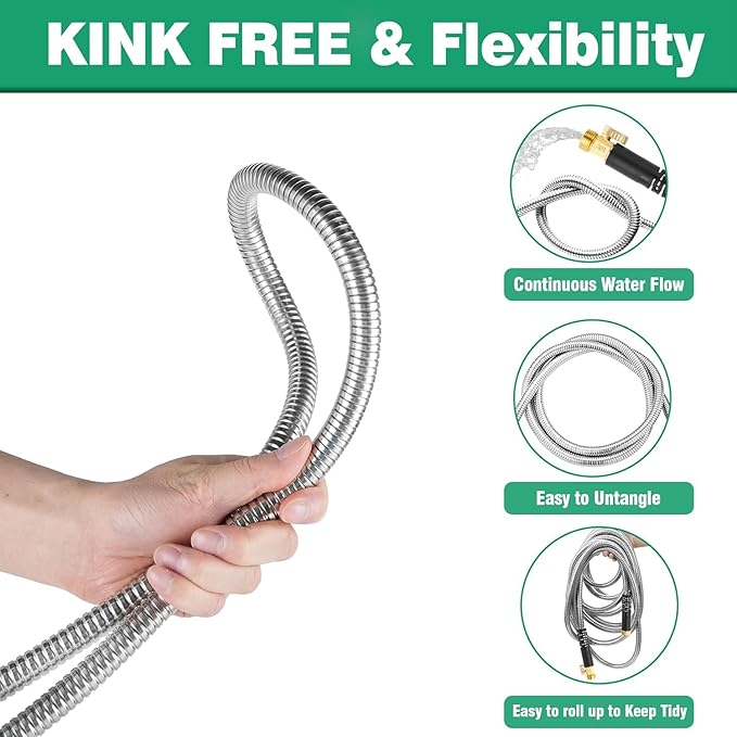 150FT Metal Garden Hose 304 Stainless Steel Flexible Water Hose - No Kink & Tangle Heavy Duty Pipe with Nozzle, Durable 3/4 Metal Fittings and Valve - Rust Proof Puncture Proof for Yard Lawn
