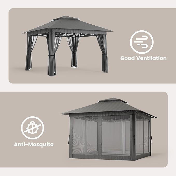 Bealife 11x11 Pop Up Gazebo Tent with Mosquito Netting, Outoor Canopy Tent with 4 Sandbags, 8 Stakes, 4 Ropes, Roller Bag, Pop Up Canopy Tent for Lawn Backyard Garden Deck, Grey