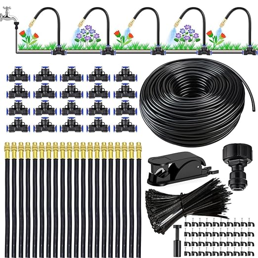 360° Adjustable Drip Irrigation System 65.6FT Garden Watering System with 20 Nozzles, Garden Irrigation System, Greenhouse Accessories, Atomizing System for Yard, Lawn, Plants, 5/16 in Hose